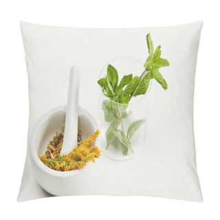 Personality  Mortar And Pestle With Herbal Mix Near Glass With Fresh Mint On White Background Pillow Covers