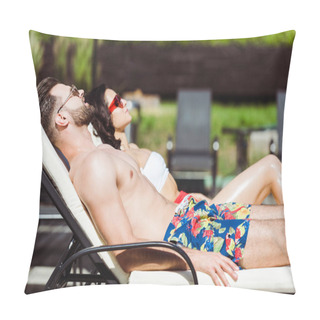 Personality  Selective Focus Of Muscular Man In Sunglasses Lying On Deck Chair Near Woman  Pillow Covers