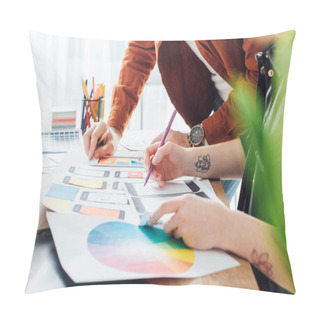 Personality  Selective Focus Of Developers Using Website Sketches And Color Circle While Planning Ux Project Pillow Covers
