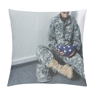 Personality  Sad Bearded Man In Military Uniform Sitting On Floor In Corner And Holding Usa National Flag Pillow Covers