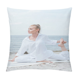Personality  Beautiful Blonde Woman Stretching On Yoga Mat Near Sea  Pillow Covers
