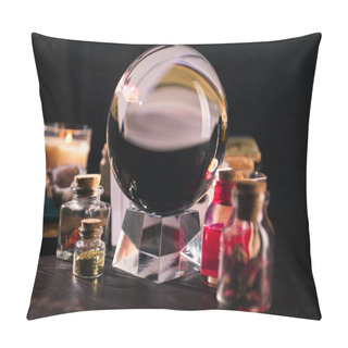 Personality  Selective Focus Of Crystal Ball With Jars Of Dried Herbs And Tincture On Black Background Pillow Covers
