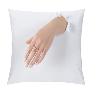 Personality  Cropped Image Of Woman Holding Hand With Beautiful Luxury Silver Rings Through White Paper Pillow Covers