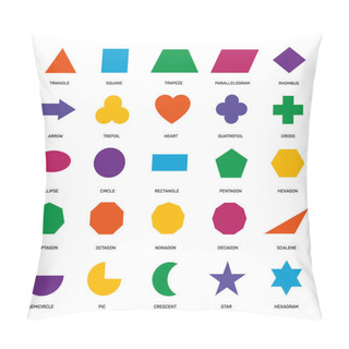 Personality  Basic Geometric Shapes. Ellipse, Rectangle And Triangle, Hexagon And Circle, Pentagon And Star Elementary School Education Vector Set Pillow Covers