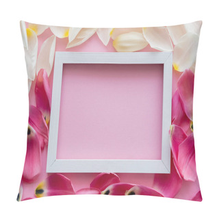 Personality  Top View Of Frame On White And Pink Floral Petals  Pillow Covers