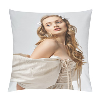 Personality  A Young, Blonde Woman Exudes Elegance In A White Dress, Donning A Bow In Her Hair In A Serene Studio Setting. Pillow Covers