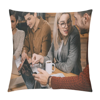 Personality  Woman In Glasses Pointing At Laptop With Pen While Talking With Coworker Pillow Covers