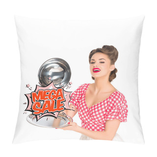 Personality  Beautiful Young Woman In Retro Clothing With Mega Sale Comic Style Sign On Serving Tray In Hands Isolated On White Pillow Covers