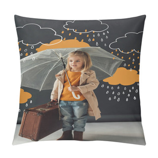 Personality  Child In Trench Coat And Jeans Holding Umbrella And Leather Suitcase Under Fantasy Rain On Black Background Pillow Covers