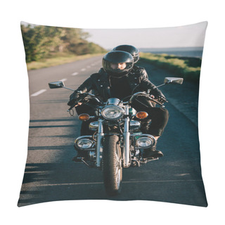 Personality  Young Couple In Helmets Riding Classical Motorbike On Country Road Pillow Covers