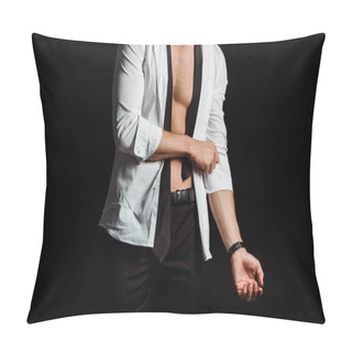 Personality  Cropped View Of Businessman Touching Suit While Undressing Isolated On Black  Pillow Covers