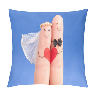 Personality  Wedding Concept - Newlyweds Painted At Fingers Against Blue Sky Pillow Covers