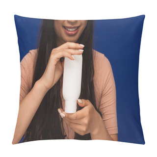 Personality  Cropped View Of Positive Brunette Woman Holding Cosmetic Lotion Isolated On Blue  Pillow Covers