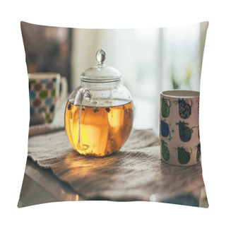 Personality  Glass Teapot And Cups On Table Pillow Covers