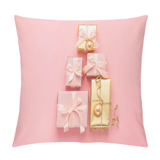 Personality  Christmas Creative Tree Holiday Gift Boxes With Golden Balls On Pastel Pink Background. Festive Minimalism . Flat Style Pillow Covers