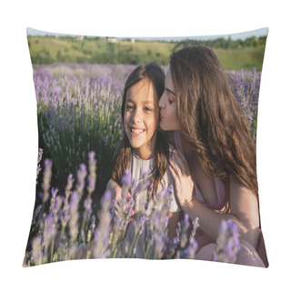 Personality  Woman With Long Hair Kissing Happy Daughter Near Blooming Lavender Pillow Covers