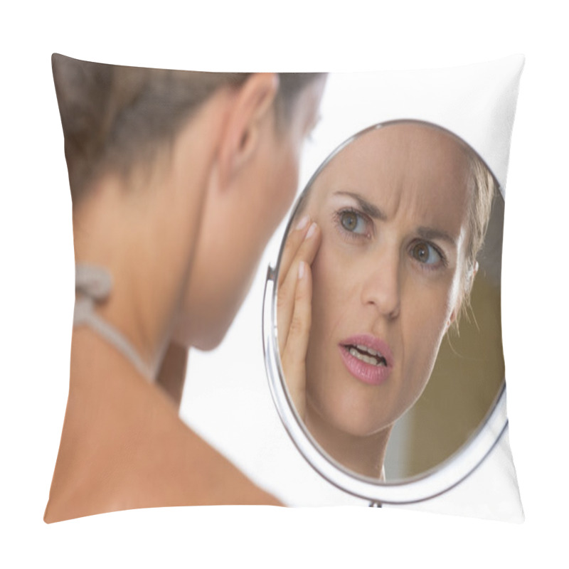 Personality  Concerned Young Woman Looking In Mirror Pillow Covers