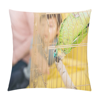 Personality  Selective Focus Of Funny Green Parrot Hanging Head Down In Bird Cage Pillow Covers