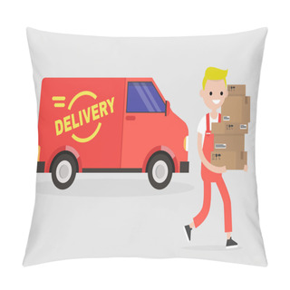 Personality  Delivery Service. Young Smiling Courier Holding A Pile Of Parcel Pillow Covers