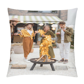 Personality  Group Of Young Friends Hang Out By A Fireplace At Backyard Pillow Covers