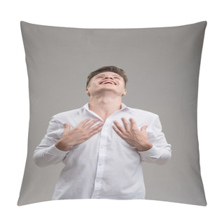 Personality  Overwhelmed With Happiness, He Clutches His Chest In A White Shirt, Head Thrown Back In Laughter Pillow Covers