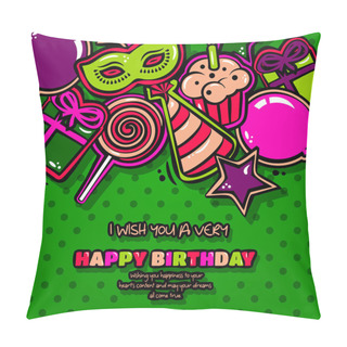 Personality  Birthday Card With Items, Balloon, Cake, Hat, Star, Lollipop, Masquerade And Gift On Dotted Background. Vector Pillow Covers