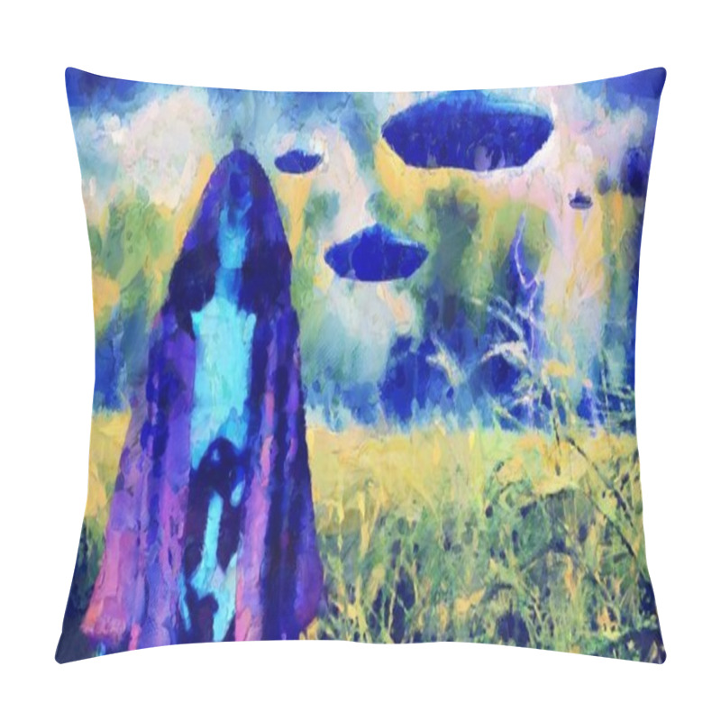 Personality  Surreal Painting. Droid In Cloak Stands In Field Of Wheat. Spaceships In The Sky Pillow Covers