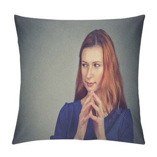 Personality  Sneaky, Sly, Scheming Young Woman Plotting Something  Pillow Covers
