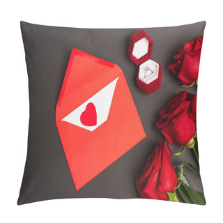 Personality  Top View Of Red Roses Near Envelope And Engagement Ring On Black Pillow Covers