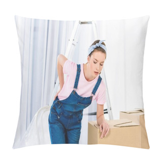 Personality  Girl With Pain In Back After Moving Heavy Boxes Pillow Covers