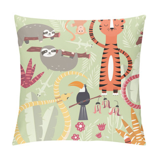 Personality  Seamless Pattern With Cute Rain Forest Animals, Tiger, Snake, Sl Pillow Covers