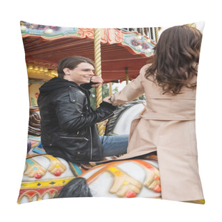 Personality  Happy Young Man Holding Hands With Girlfriend And Riding Carousel Horses In Amusement Park Pillow Covers