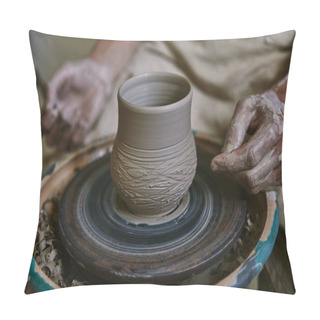 Personality  Cropped Image Of Male Craftsman Working On Potters Wheel At Workshop Pillow Covers