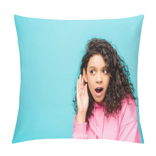 Personality  Shocked Curly African American Girl Touching Ear Isolated On Blue  Pillow Covers