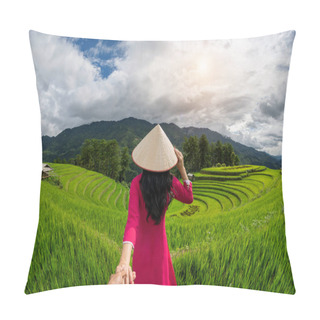 Personality  Asian Woman Wearing Vietnam Culture Traditional Holding Man's Hand And Leading Him To Rice Terraces In Mu Cang Chai, Yen Bai, Vietnam. Pillow Covers