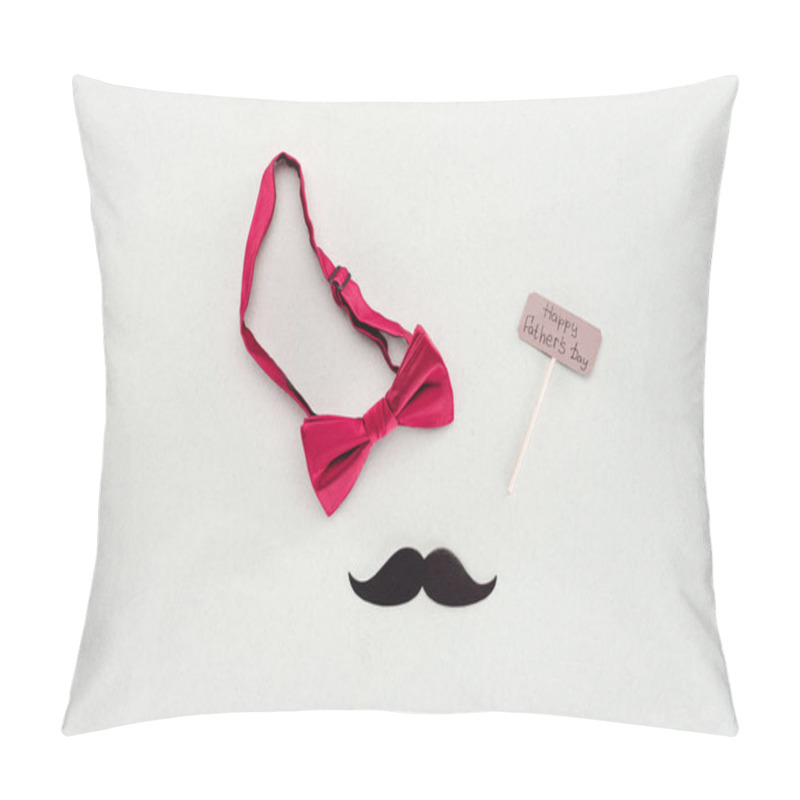 Personality  top view of mustache sign with bowtie and Happy fathers day greeting on white surface pillow covers