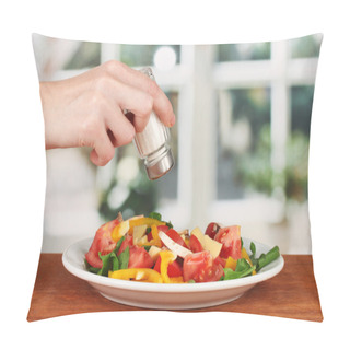 Personality  Hand Adding Salt Using Salt Shaker On Bright Background Pillow Covers