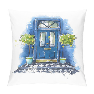 Personality  British Traditional Home Entrance Door , Watercolor Painting  Pillow Covers