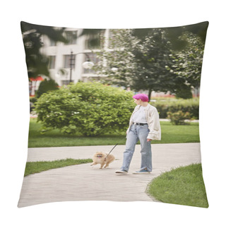 Personality  Stylish Purple-haired Woman Walking With Pomeranian Spitz On Automated Leash On Green City Street Pillow Covers