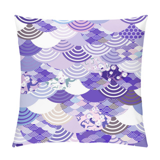 Personality  Seamless Pattern Fish Scales Simple Nature Background With Japanese Sakura Flower, Pink Cherry, Wave Circle Ultraviolet Purple Violet Colors. Vector Illustration Pillow Covers