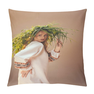 Personality  A Young Mavka Embracing Nature, Donning An Ornate White Dress, With A Plant Delicately Perched On Her Head In A Studio Setting. Pillow Covers