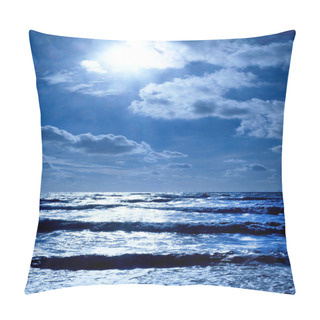 Personality  A Dark Blue Sea With Waves Swelling The Sea Has Dark Shadows Where The Waves Are Swelling And The Sunlight Is Glistening White On The Sea On The Horizon In The Foreground Is Line Of Dark Pebble Beach, Vertical Format In The Upper Half Is The Sky Cove Pillow Covers