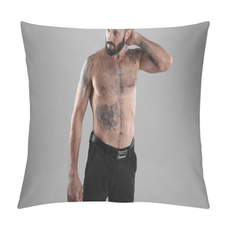 Personality  Portrait Of Handsome Tattooed Man On White Background Pillow Covers