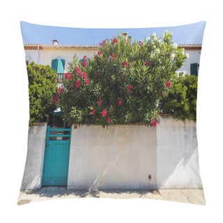 Personality  White Wall, Turquoise Gate And Beautiful Blooming Flowers Near Traditional Houses In Provence, France Pillow Covers