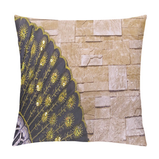 Personality  Composition Of Black Silk Folding Fan With Gold Ornament On The Background Of Masonry Pattern Of Natural Stone. Pillow Covers