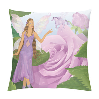 Personality  Violet Fairy Sitting On A Leaf And Reaching For Flying Magic Horse. Pink Roses On A Background. Pillow Covers