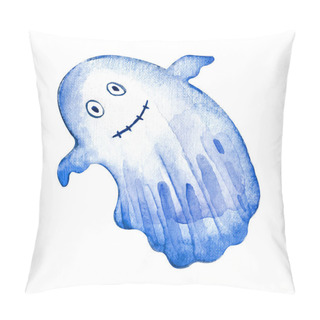 Personality  Flying Ghost Spirit Painted With Watercolor. A Sweet, Funny Ghost. Happy Halloween. Scary White Ghosts. Cute Cartoon Creepy Character. Smiling Face, Hands. Greeting Card. Isolated Object On White Back Pillow Covers