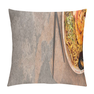 Personality  Top View Of Spicy Seafood Ramen With Chopsticks On Stone Surface, Panoramic Shot Pillow Covers