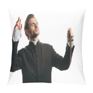 Personality  Young Catholic Priest Praying With Closed Eyes And Raised Hands While Holding Golden Cross Isolated On White Pillow Covers