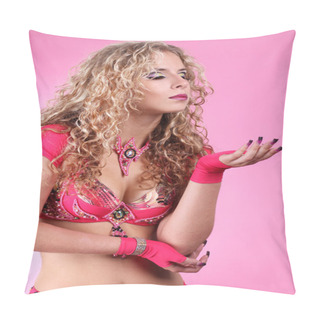 Personality  Woman With Blond Curly Hair, Belly Dancer Over Pink Pillow Covers